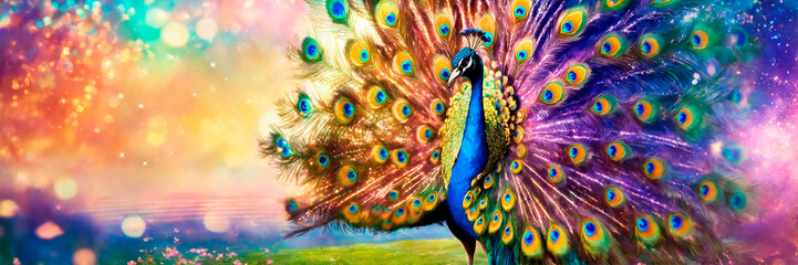 portrait of a peacock with a beautiful tail. Selective focus. - obrazy, fototapety, plakaty