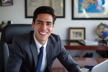 Obraz premium Portrait of young hispanic businessman inside office, boss in business suit smiling and looking at camera, experienced satisfied man at workplace at desk