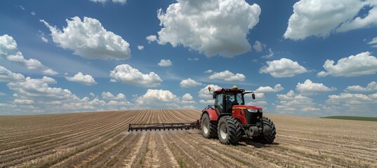 Tractor spraying herbicide on vast soybean field under clear sky in rural farm landscape