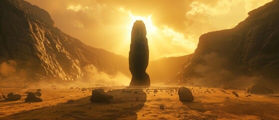 A surreal mystical black stone or a giant sculpture in a valley among the mountains in a minimalist style. A ceremonial or religious or mysterious place - obrazy, fototapety, plakaty