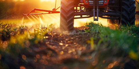 A tractor sprays chemicals to control pests and weeds in crops, ensuring healthier and more abundant harvests - obrazy, fototapety, plakaty