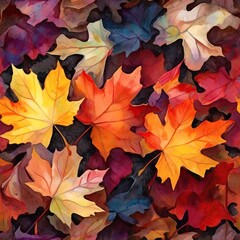 Naklejka na ściany i meble seamless pattern of Multicolored fallen maple leaves on the ground, vibrant autumn, watercolor