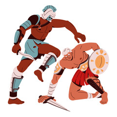 Roman gladiators war with sword, shield. Spartan soldiers attack, ancient warriors kick, hit enemy. Muscular legionaries battle on coliseum arena. Flat isolated vector illustration on white background