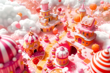 Candy land with gingerbread houses, ice cream trees and milk river