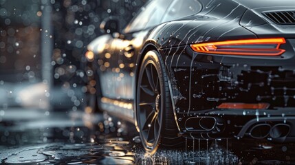 Sleek Sports Car Enjoying a Detailed Wash on a Rainy Day