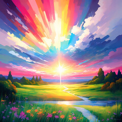 Beautiful sunset over the river and meadow. Abstract colorful background.