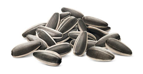 Big sunflower seeds pile with shadow isolated on white background. Side view