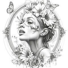 Beautiful girl , roses, skull, butterfly. Idea for tattoo, sticker, postcard, aplique for t-shirt
