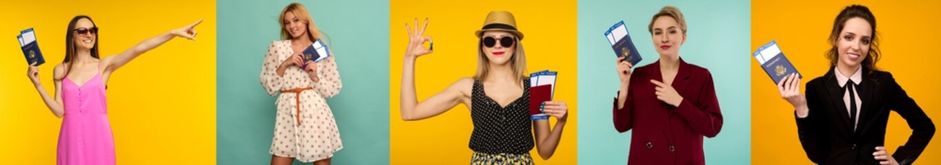 Set of five images beautiful young woman holding passport boarding pass ticket. Air travel flight.