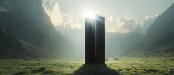 A surreal mystical black stone or a giant sculpture in a valley among the mountains in a minimalist style. A ceremonial or religious or mysterious place - obrazy, fototapety, plakaty