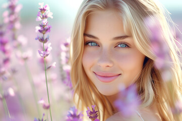 Portrait of a beautiful girl surrounded by spring flowers.