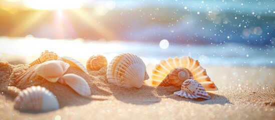 Obraz premium Beautiful collection of assorted seashells scattered on the peaceful sandy beach shore under the warm sun