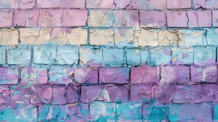 colorful brick wall, blending hues of purple, blue, pink, and beige, creating a visually striking background and texture