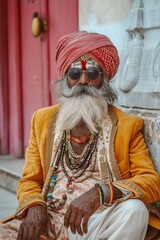 An elderly Indian man on the street in traditional clothes