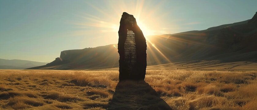 A surreal mystical black stone or a giant sculpture in a valley among the mountains in a minimalist style. A ceremonial or religious or mysterious place