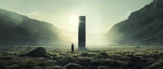 Papier Peint photo Kaki A man or a monk or a pilgrim next to a surreal mystical black stone or a giant sculpture in a valley among the mountains in a minimalist style. A ceremonial, religious, or mysterious sacred place