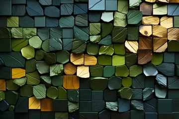 Rolgordijnen Background Abstract Textured. Dry beech wood multi colored arranged in row. Wooden logs stacked on top of each other. Stack of wood, firewood green, yellow. Chopped firewood logs ready for winter. © Lucky