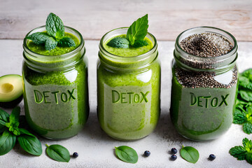 Green smoothie and its ingredients. Concept of diet, body cleansing, healthy eating