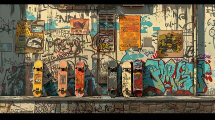 old ghetto wall with peeling posters, and graffiti, and 6 skateboards in the corner in a comic book art style