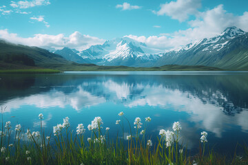 Serene mountain lake landscape with snowy peaks and white flowers
