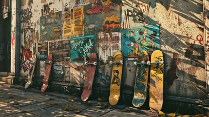 old ghetto wall with peeling posters, and graffiti, and 6 skateboards in the corner in a comic book art style - obrazy, fototapety, plakaty