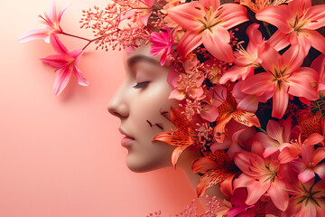 Beauty close-up portrait of a woman with flowers over her head . Wreath of flowers Spring Summer Fashion Lifestyle