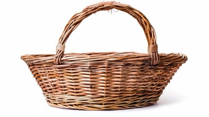 wicker basket with a vintage charm, standing alone against a pure white backdrop