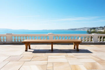 Empty brown wooden tables in the bright sunlight on wooden deck rooftop overlooking ocean, sea. For sitting and relaxing or watching the view of nature. Realistic clipart template pattern.
