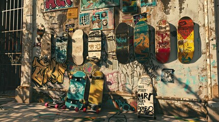 old ghetto wall with peeling posters, and graffiti, and 6 skateboards in the corner in a comic book art style