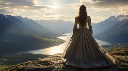 Fototapeta na wymiar Young woman standing at mountain summit enjoying stunning panoramic landscape view