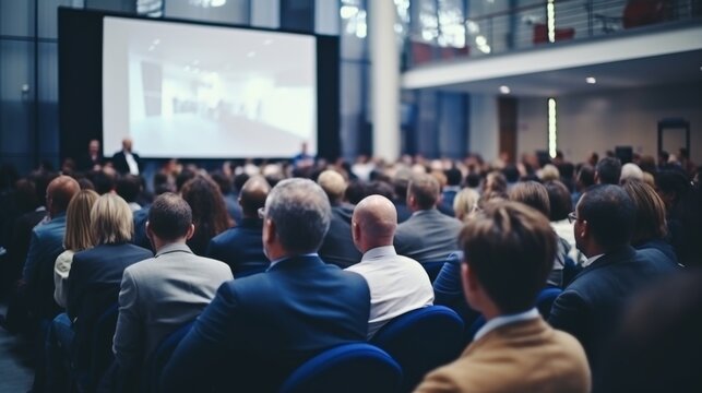 Attentive audience at a business conference listening to a speaker presenting in a contemporary setting.