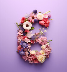 Number six made of different color flowers on pastel purple or blue background. Spring concept.