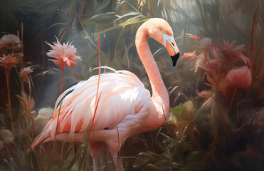 Peach fuzz flamingos in different orange background. Natural, animal concept.