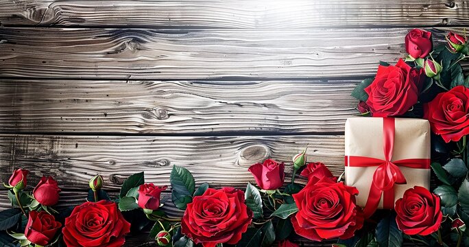 Gift Box and Roses Adorn a Weathered Wooden Background, Infusing a Timeless Charm and Elegance. Made with Generative AI Technology