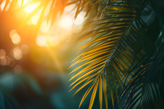 Vibrant sunny backdrop palm leaves with golden sun light.