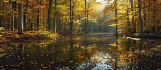 This photo captures a serene lake nestled amidst a forest of trees during the tranquil autumn season.