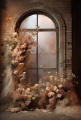 Flowers decoraton in front of window . Wedding decoration.