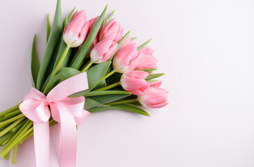 Bouquet of pink tulips on pink background. Spring time concept.