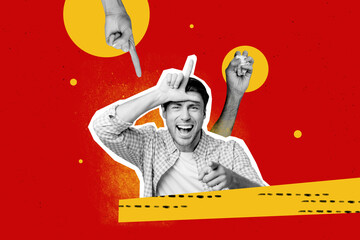 Photo collage artwork of young guy loser joking at you showing l sign on forehead fooling saying...