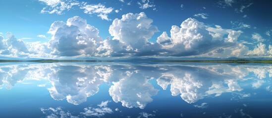 The fluid mirror of water reflects the cottonlike clouds in the sky, creating a mesmerizing natural landscape painting on the tranquil lake surface