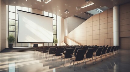 Spacious modern conference hall with empty seats, a huge projector screen, and ample natural lighting. - obrazy, fototapety, plakaty