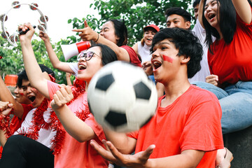 Crowd of fans cheer for their soccer team to win. People celebrate scoring a goal, championship victory.