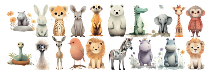 Adorable Collection of Illustrated Animals in Various Poses - obrazy, fototapety, plakaty