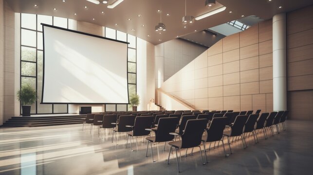 Spacious modern conference hall with empty seats, a huge projector screen, and ample natural lighting.