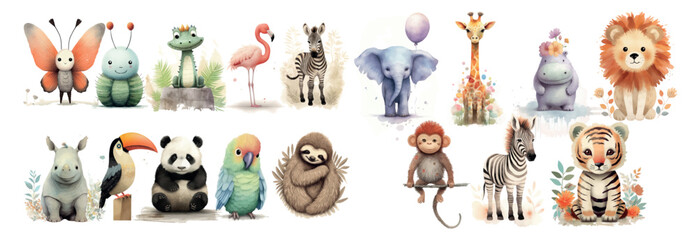 Fototapeta premium Playful and Colorful Cartoon Animals: Butterfly, Cactus, Flamingo, Zebra, Elephant, Giraffe, Hippopotamus, Toucan, Panda, Parrot, Sloth, Lion, Monkey, Baby Zebra