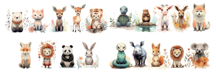 Fototapeta premium Whimsical Watercolor Collection of Forest and Domestic Animals, Each Character Showcasing Unique, Endearing