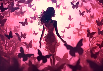 Woman in a pink dress with pink butterflies around.