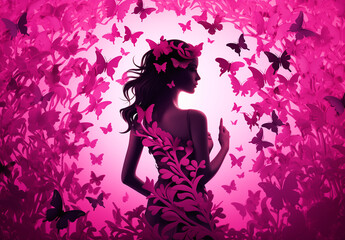 Silhouette of a girl with pink butterflies and pink flowers. 