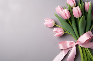 Bouquet of tulips with pink ribbon on gray backgound.