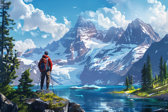 Hiker looks at the mesmerizing view of the mountains, Beautiful hiking illustration